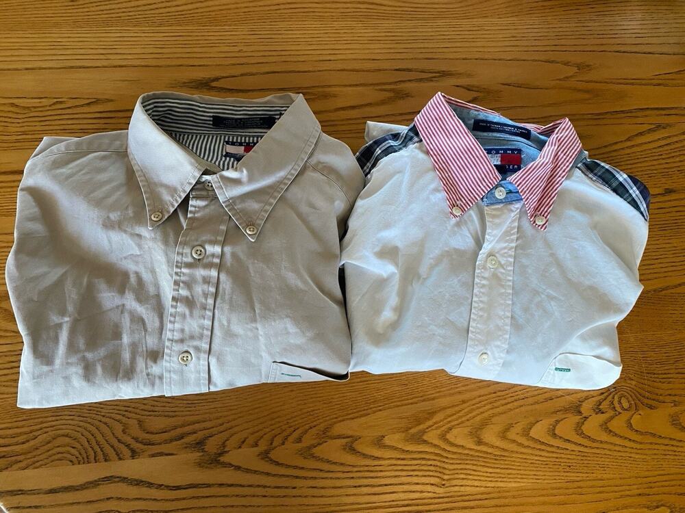 Tommy Hilfiger Long Sleeve Button Front Cotton Shirts Lot 2 Men's L Tan Red READ